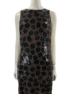 Oscar de la Renta Brown Sleeveless Sequin Leaf-Print Mini Dress